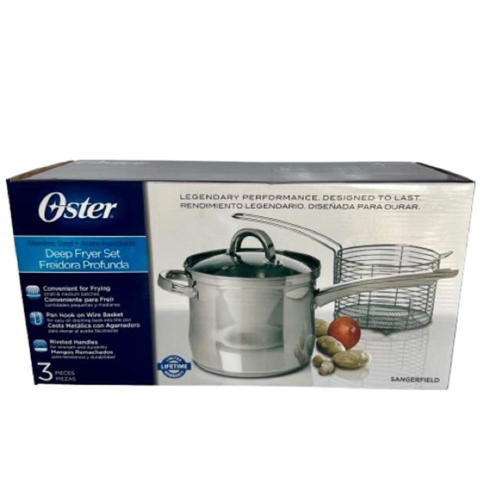 Oster Sangerfield deep stainless steel 3-piece deep cookware, wire basket, & lid
